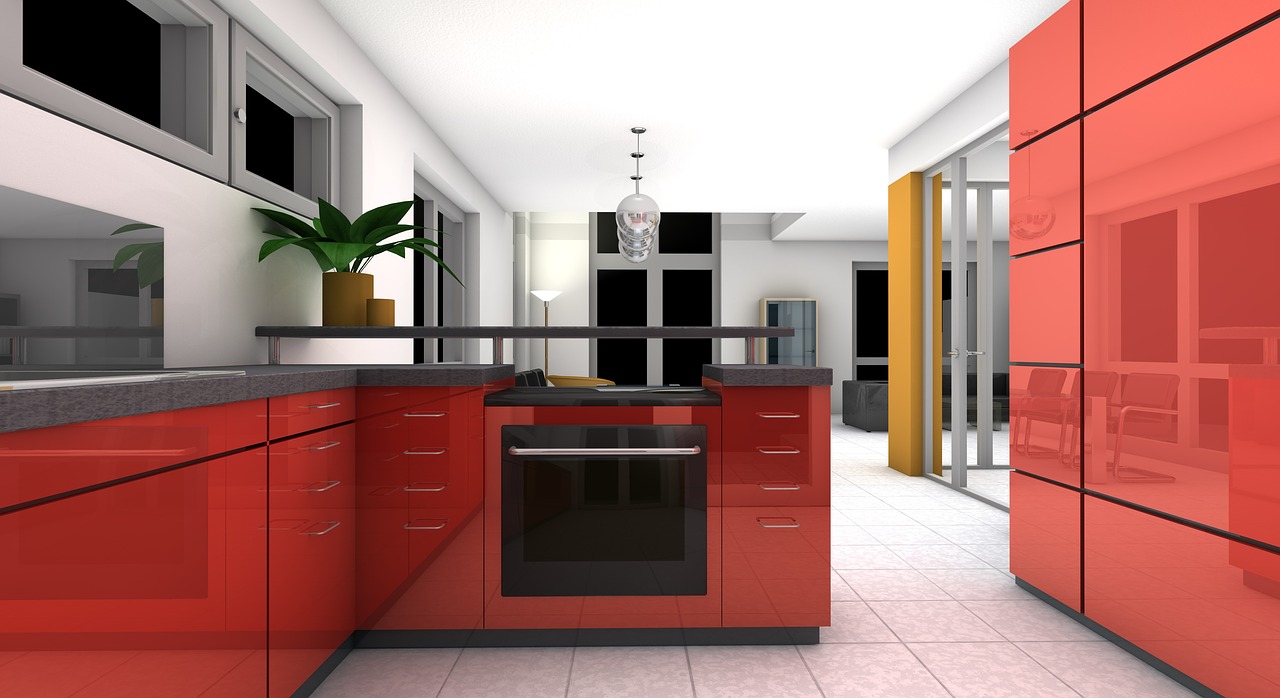 A 3d rendering of a kitchen with red cabinets.